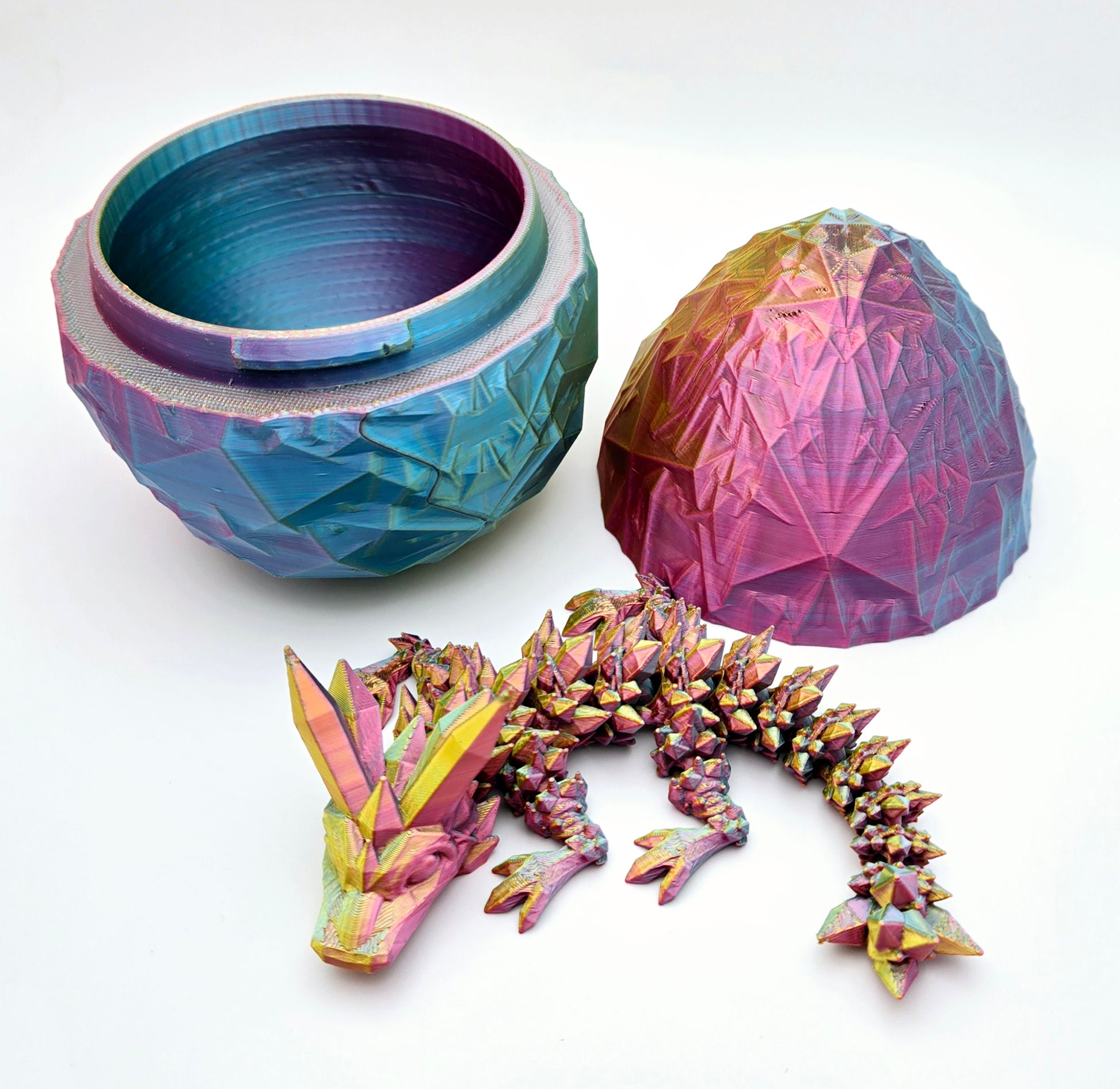Crystal articulated flexi dragon toy with matching egg – 3D printed fantasy collectible