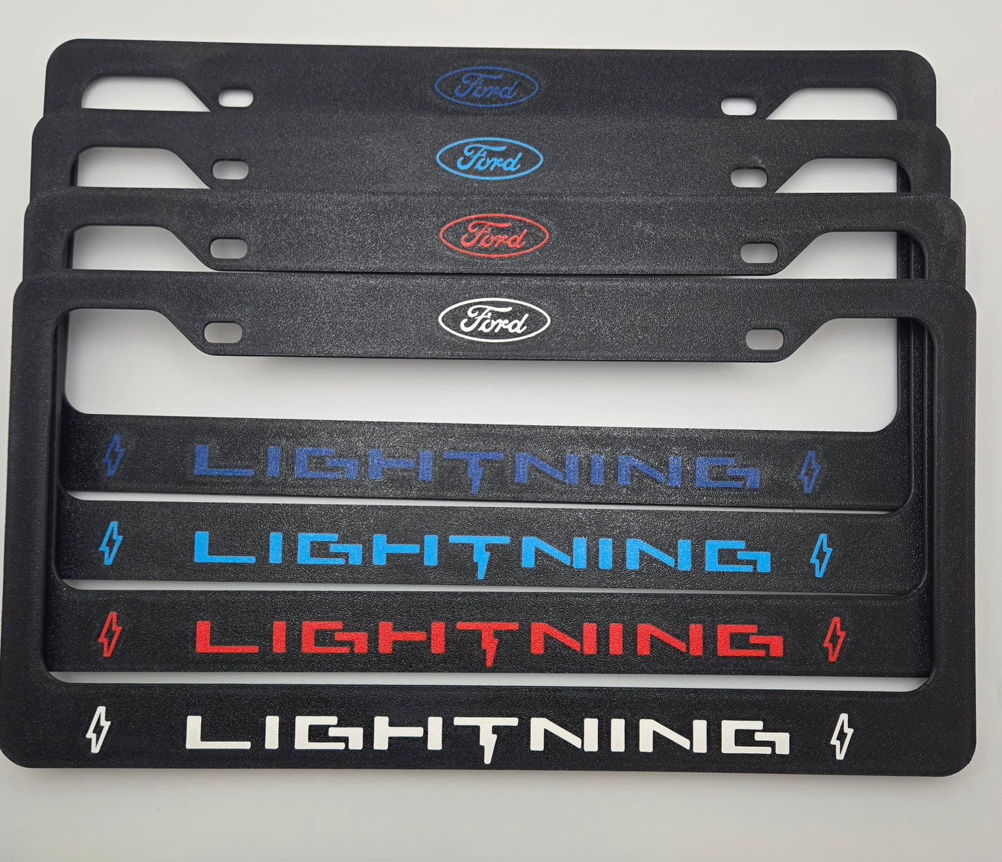 Ford F-150 Lightning license plate frame in lightning blue red white blue