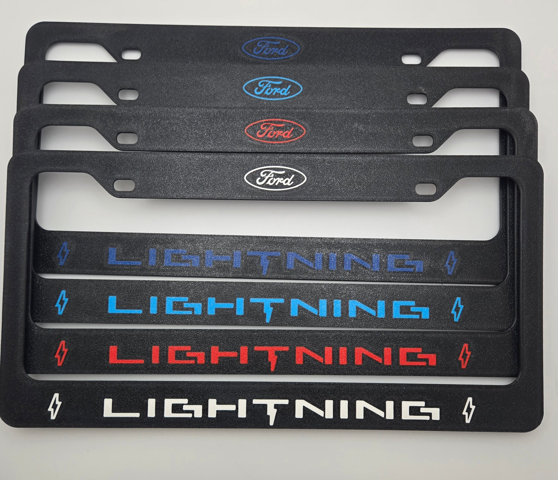 Ford F-150 Lightning license plate frame in lightning blue red white blue