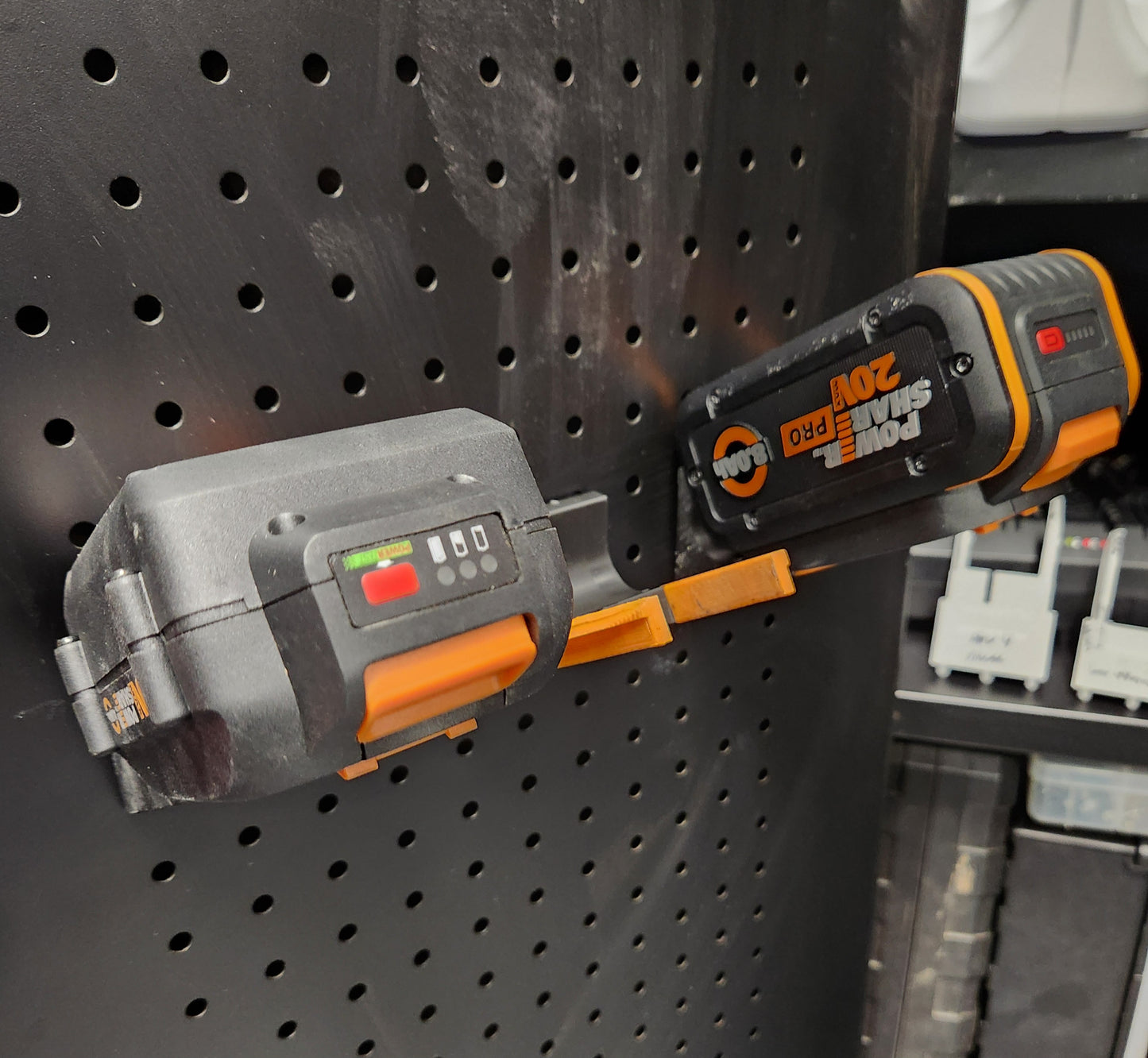 WORX power tool battery holder – 3D printed pegboard mount for shop organization