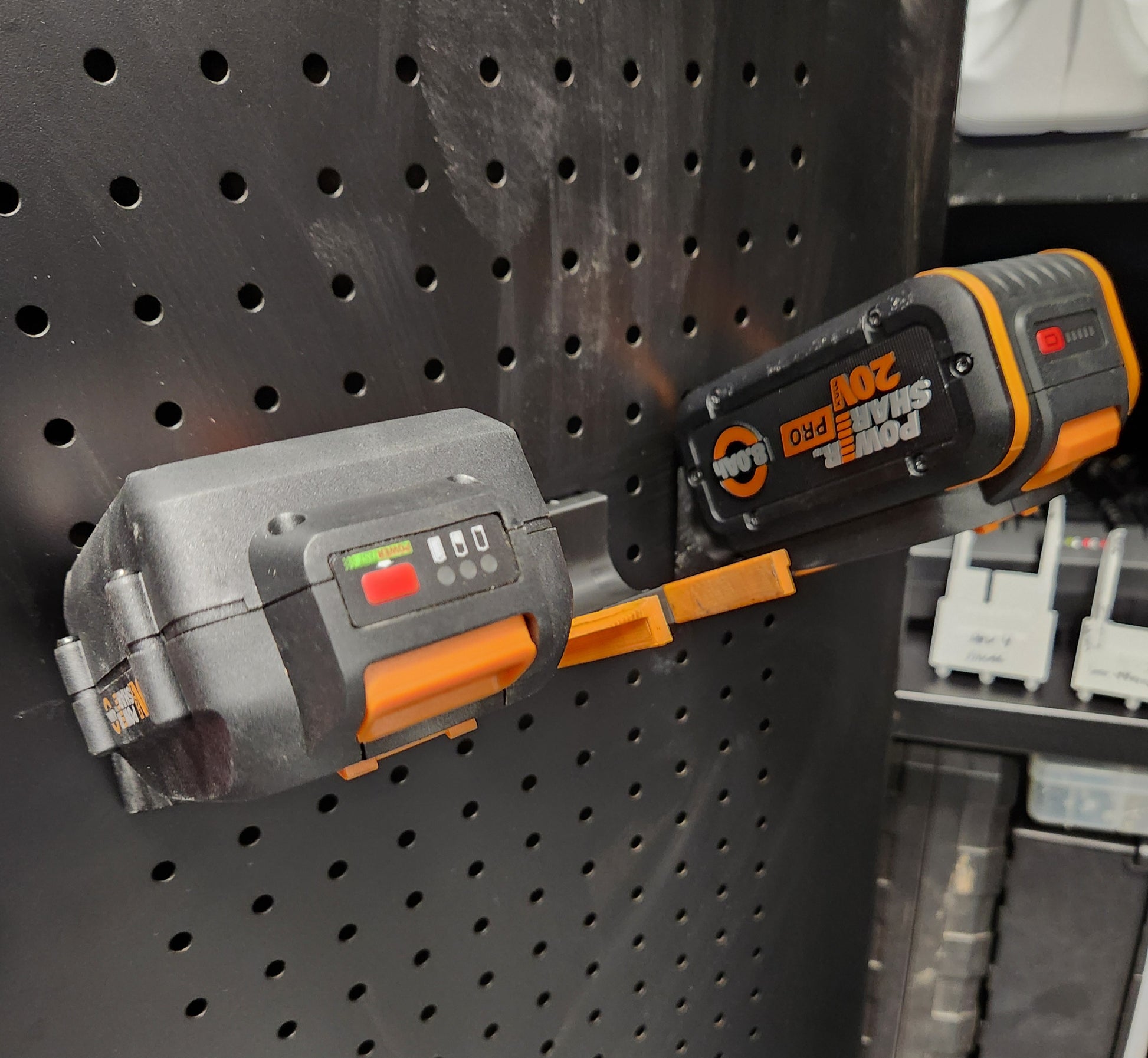 WORX power tool battery holder – 3D printed pegboard mount for shop organization